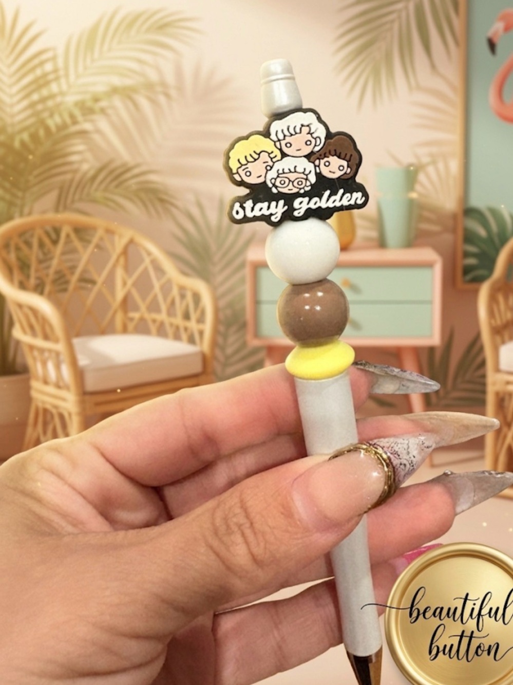 Stay Golden Pen Topper Accessory - Yellow, White, Brown